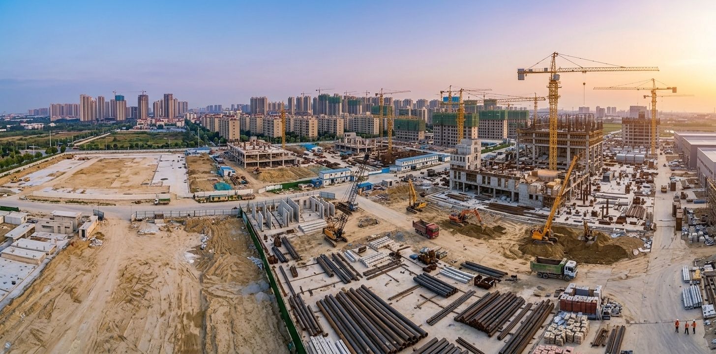 Obra en construcción con grúas al atardecer